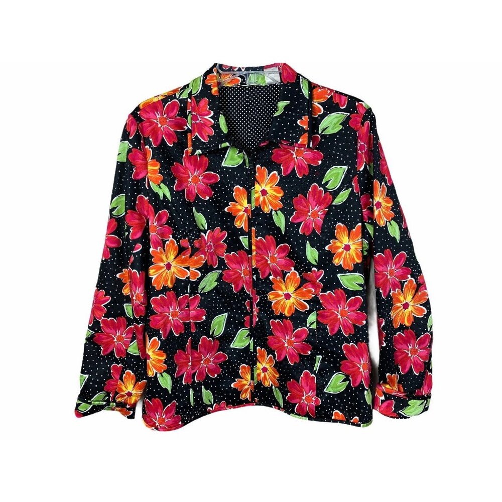 Laura Ashley Blazer Jacket Large Women Black Zip Collared Polka Dots Floral